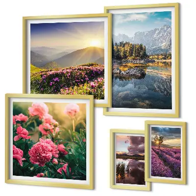 Conjunto de cuadros decorativos de paisajes con naturaleza, flores y montañas