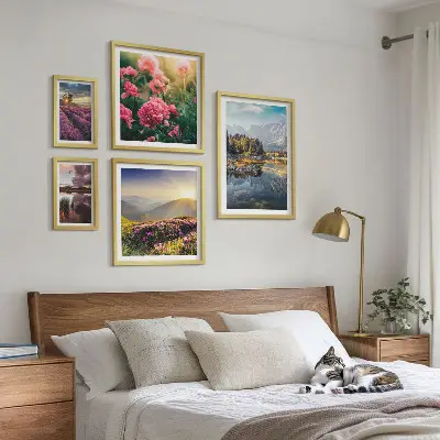 Conjunto de cuadros decorativos de paisajes con naturaleza, flores y montañas