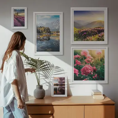 Conjunto de cuadros decorativos de paisajes con naturaleza, flores y montañas