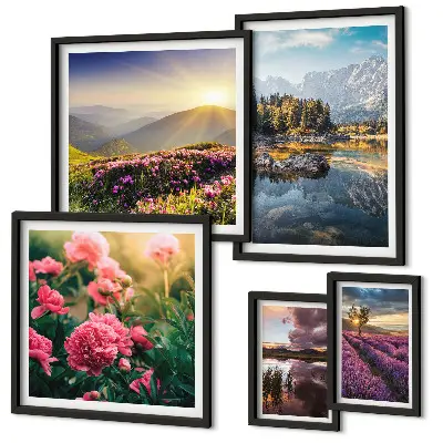 Conjunto de cuadros decorativos de paisajes con naturaleza, flores y montañas
