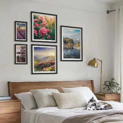 Conjunto de cuadros decorativos de paisajes con naturaleza, flores y montañas