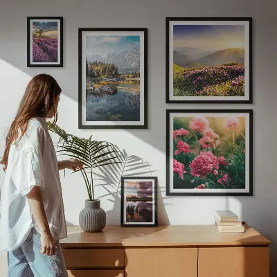 Conjunto de cuadros decorativos de paisajes con naturaleza, flores y montañas