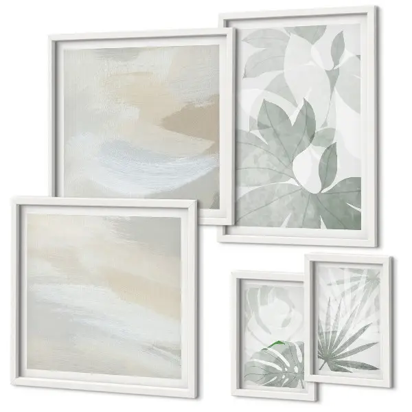 Set de 5 cuadros para salón con motivos vegetales en tonos grises y blancos