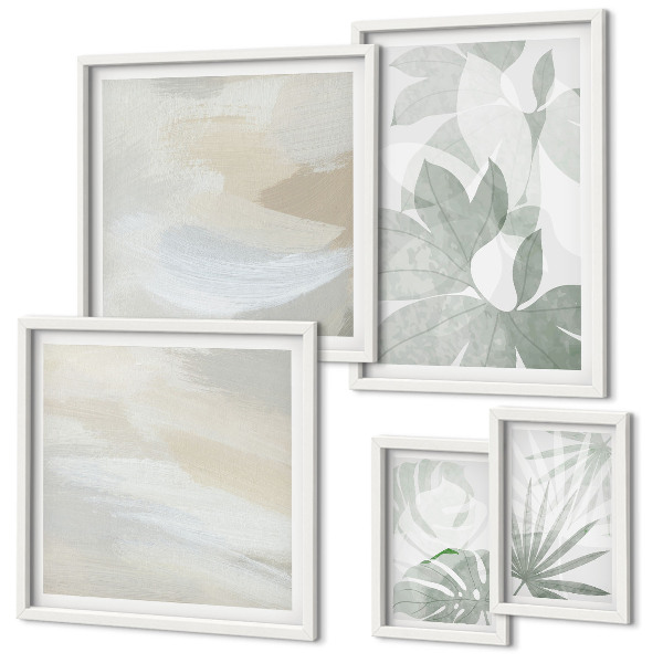 Set de 5 cuadros para salón Motivos vegetales grises y blancos