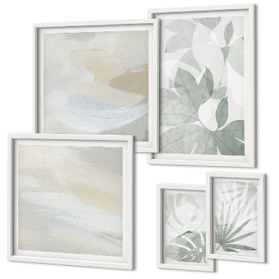 Set de 5 cuadros para salón Motivos vegetales grises y blancos