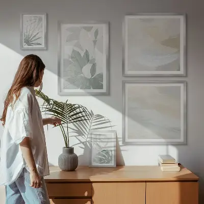 Set de 5 cuadros para salón con motivos vegetales en tonos grises y blancos