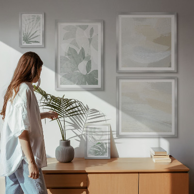 Set de 5 cuadros para salón Motivos vegetales grises y blancos
