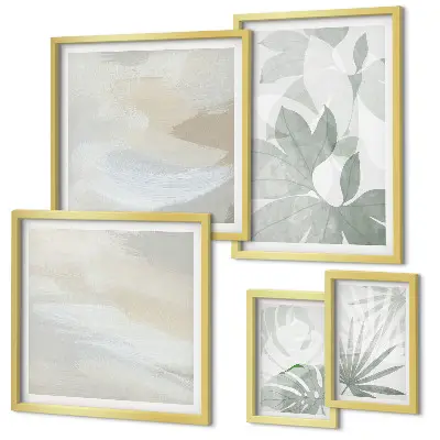 Set de 5 cuadros para salón con motivos vegetales en tonos grises y blancos