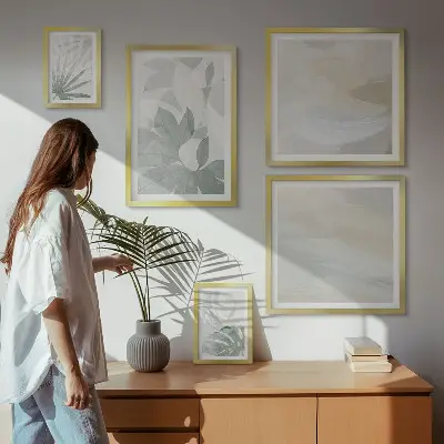Set de 5 cuadros para salón con motivos vegetales en tonos grises y blancos