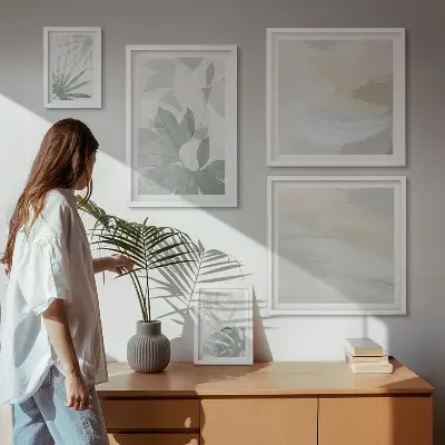 Set de 5 cuadros para salón con motivos vegetales en tonos grises y blancos