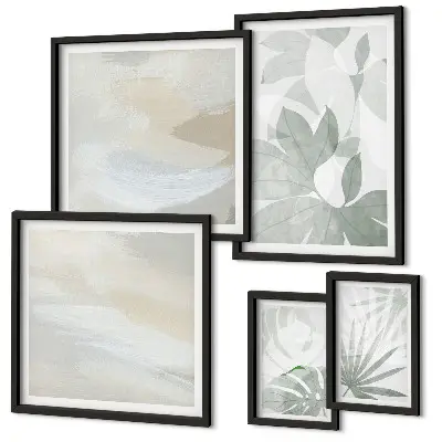 Set de 5 cuadros para salón con motivos vegetales en tonos grises y blancos