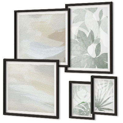 Set de 5 cuadros para salón Motivos vegetales grises y blancos