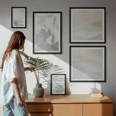 Set de 5 cuadros para salón con motivos vegetales en tonos grises y blancos