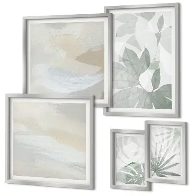 Set de 5 cuadros para salón con motivos vegetales en tonos grises y blancos