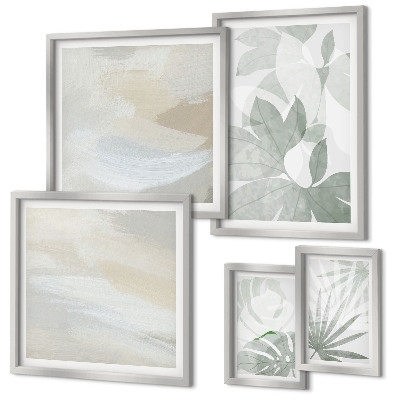 Set de 5 cuadros para salón Motivos vegetales grises y blancos