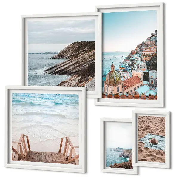 Conjunto de cuadros decorativos con paisajes de pueblos italianos y playas relajantes