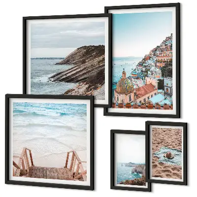Conjunto de cuadros decorativos con paisajes de pueblos italianos y playas relajantes