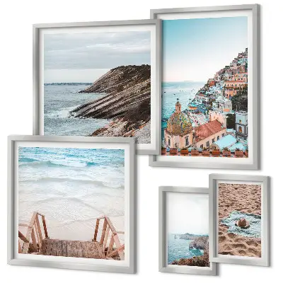 Conjunto de cuadros decorativos con paisajes de pueblos italianos y playas relajantes