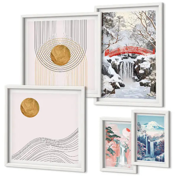 Set de 5 cuadros para salón con paisajes de cascadas y puentes en Japón