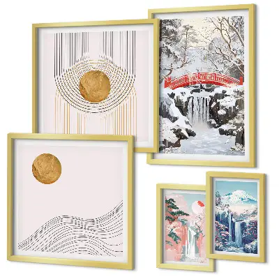 Set de 5 cuadros para salón con paisajes de cascadas y puentes en Japón