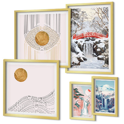 Set de 5 cuadros para salón Paisajes, cascadas, puentes, Japón