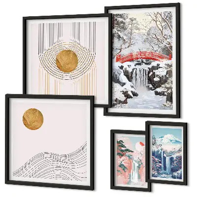 Set de 5 cuadros para salón con paisajes de cascadas y puentes en Japón