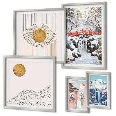 Set de 5 cuadros para salón con paisajes de cascadas y puentes en Japón
