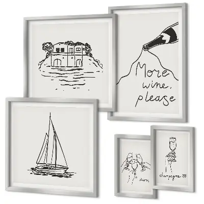 Conjunto de cuadros decorativos con gráficos elegantes de vino para relajarse