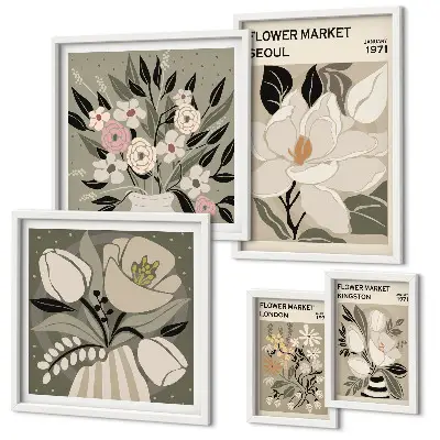 Set de 5 cuadros para salón con estampados florales de Londres y Seúl
