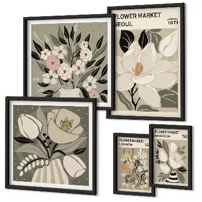 Set de 5 cuadros para salón con estampados florales de Londres y Seúl