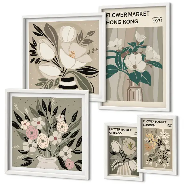 Conjunto de cuadros decorativos diseño de feria floral estilo retro vintage