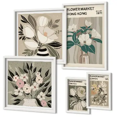 Conjunto de cuadros decorativos diseño de feria floral estilo retro vintage