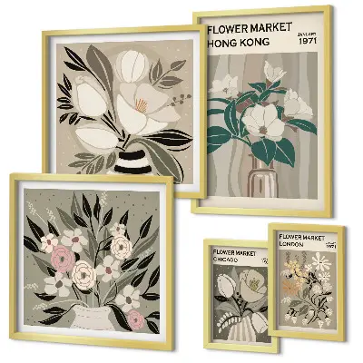 Conjunto de cuadros decorativos diseño de feria floral estilo retro vintage