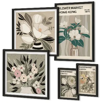 Conjunto de cuadros decorativos diseño de feria floral estilo retro vintage