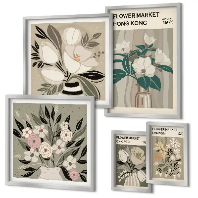 Conjunto de cuadros decorativos diseño de feria floral estilo retro vintage