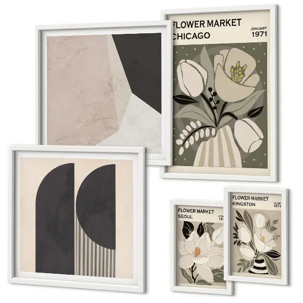 Set de 5 cuadros para salón con diseño de elegantes arreglos florales