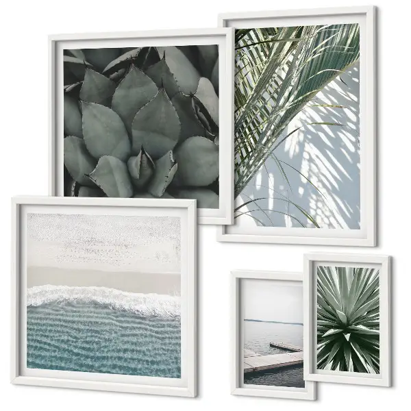 Set de 5 cuadros para salón con diseño de plantas tropicales y el mar