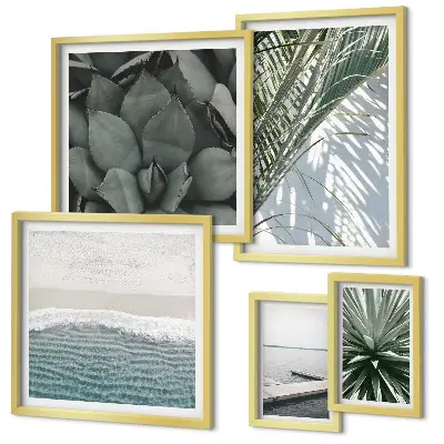 Set de 5 cuadros para salón con diseño de plantas tropicales y el mar