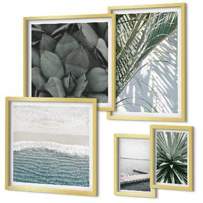 Set de 5 cuadros para salón Plantas tropicales con el mar