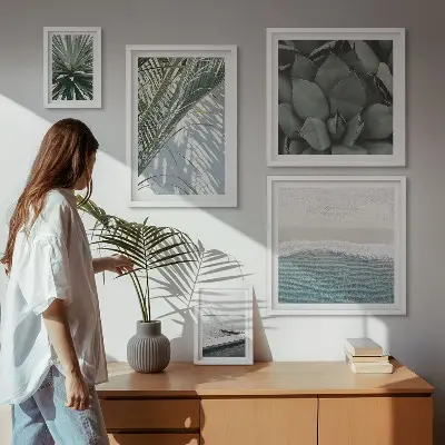 Set de 5 cuadros para salón con diseño de plantas tropicales y el mar