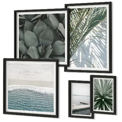 Set de 5 cuadros para salón con diseño de plantas tropicales y el mar