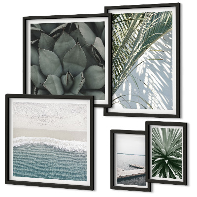 Set de 5 cuadros para salón Plantas tropicales con el mar