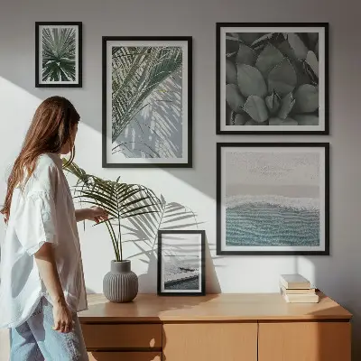 Set de 5 cuadros para salón con diseño de plantas tropicales y el mar