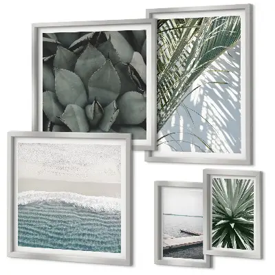 Set de 5 cuadros para salón con diseño de plantas tropicales y el mar