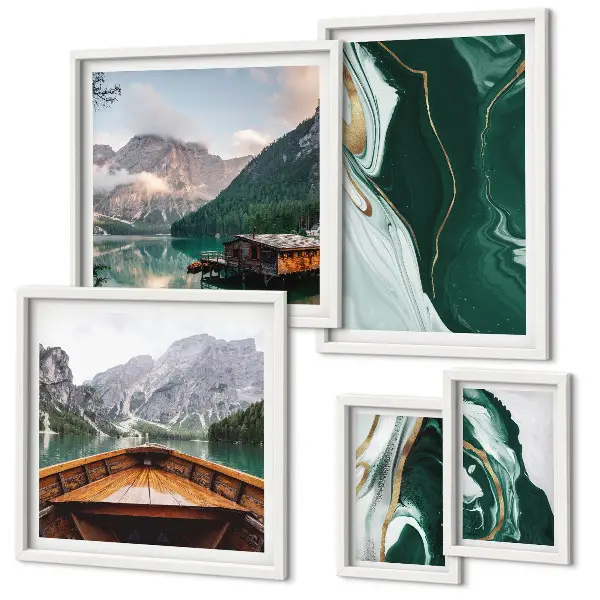 Conjunto de cuadros decorativos con paisajes de montañas, aguas y vegetación verde