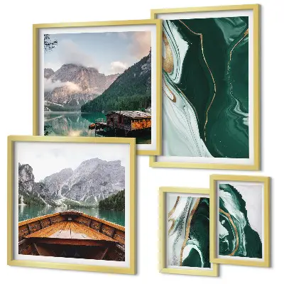 Conjunto de cuadros decorativos con paisajes de montañas, aguas y vegetación verde