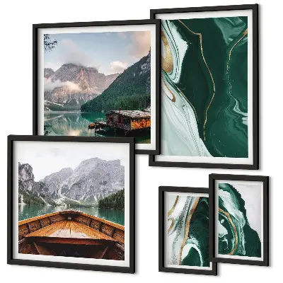 Conjunto de cuadros decorativos con paisajes de montañas, aguas y vegetación verde