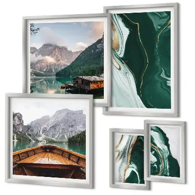 Conjunto de cuadros decorativos con paisajes de montañas, aguas y vegetación verde
