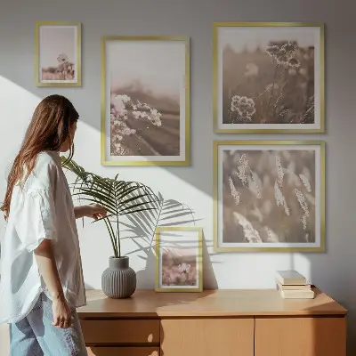 Pared galería de arte con motivos florales de delicada naturaleza