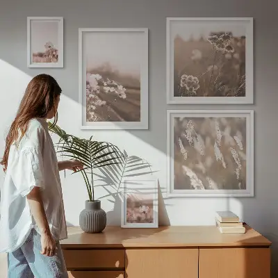 Pared galería de arte con motivos florales de delicada naturaleza